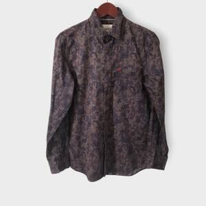 Mens Western Slim‎ Fit Button Up Shirt Brown Paisley Sz Med Ranch Rugged Derby